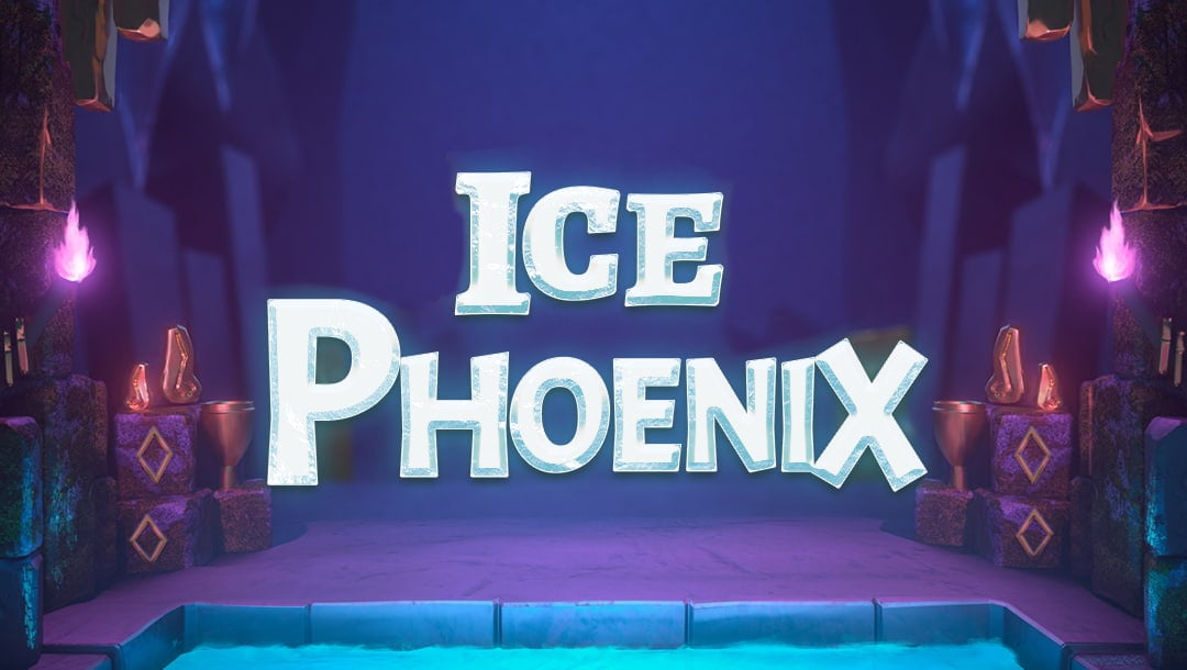 The title screen for the Ice Phoenix slot game. The game’s name is spelled out in letters carved from ice. In the background, there is a dark room with a glowing pool and stone walls decorated with gold, carved designs and torches with small purple flames.