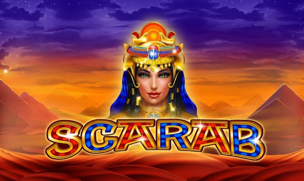 The Scarab title screen. The background is a desert with orange and purple skies above and pyramids scattered across the landscape. In the foreground is a beautiful woman dressed in Egyptian-themed jewelry. Below her is the title “Scarab” in an Egyptian-style font.