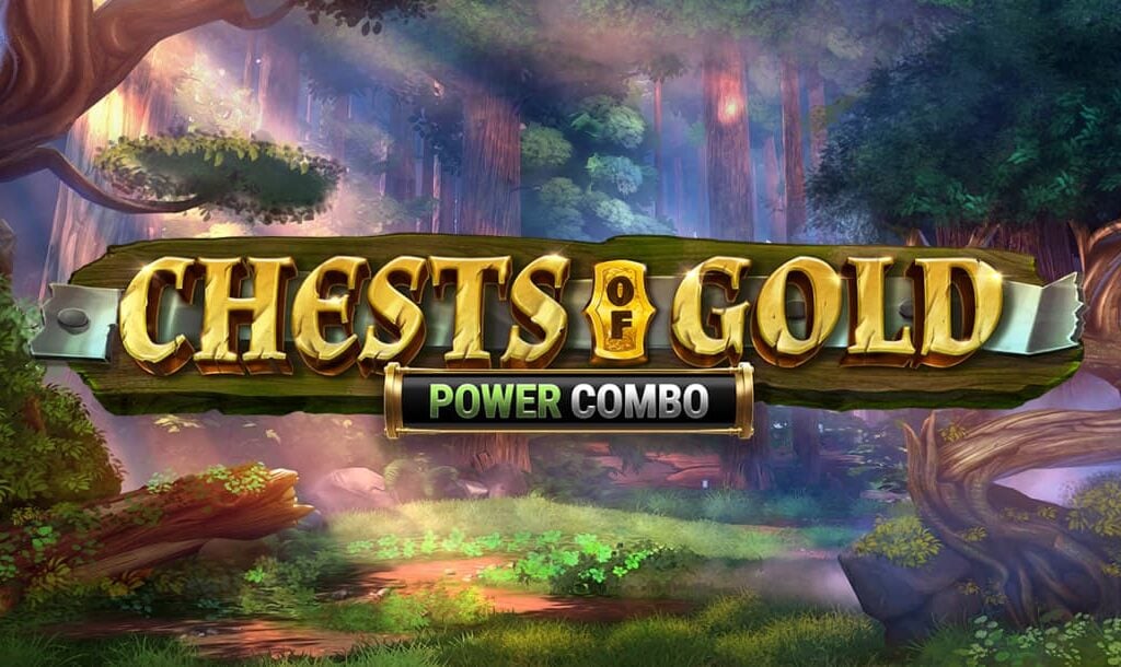 he title screen for the Chests of Gold Power Combo slot. The game title appears to be pinned to a sheet of metal on a wooden plank. In the background, there is a mythical-looking forest with rays of sunlight shining through the trees.