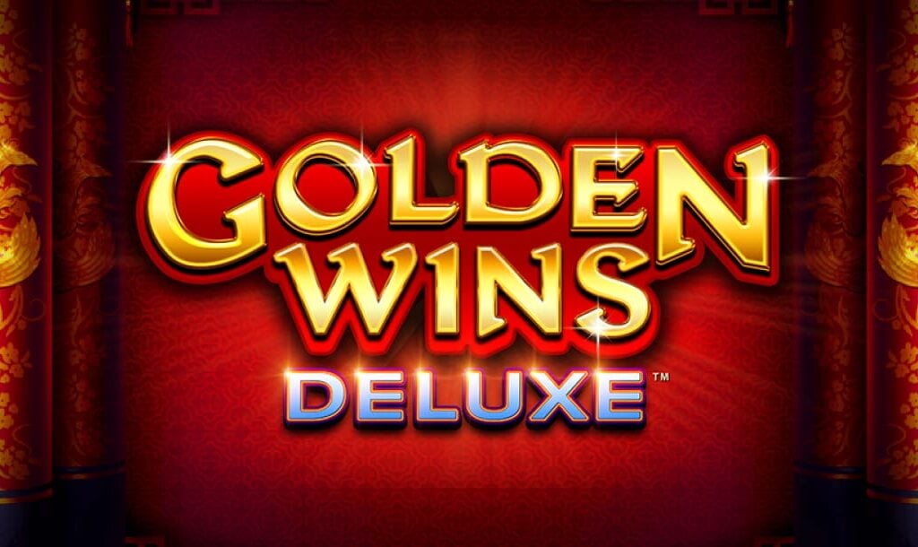 The title screen for the Golden Wins Deluxe slot game. The game title, written in gold letters, appears on a backdrop of a red wall with subtle patterned details on it. On either side of the image, there are two red pillars with gold flower and bird designs on them.