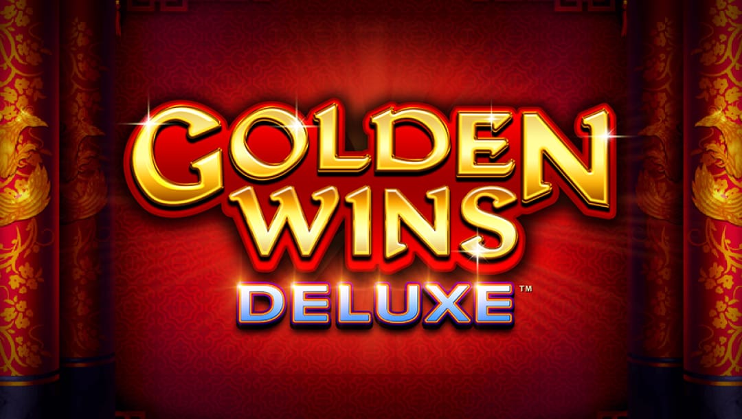 The title screen for the Golden Wins Deluxe slot game. The game title, written in gold letters, appears on a backdrop of a red wall with subtle patterned details on it. On either side of the image, there are two red pillars with gold flower and bird designs on them.