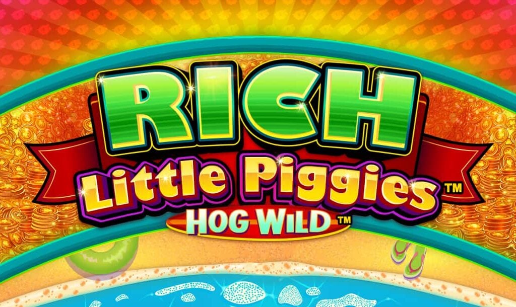 The title screen for Rich Little Piggies Hog Wild. The game logo appears on a colorful background split into three horizontal sections with a beach scene at the bottom, gold coins in the middle, and a pink, red, and yellow design on top.