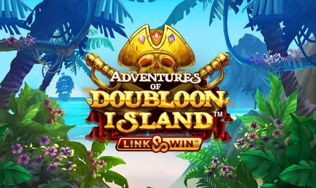 The title screen for the Adventures of Doubloon Island slot game. A golden skull wearing a pirate hat appears behind the game logo with two crossed swords. In the background, trees frame the screen, leading to a beach with a pirate ship floating in the ocean in the distance.