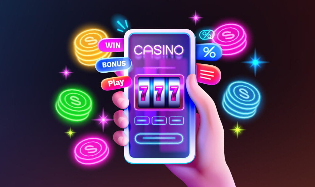 A person holding a mobile phone with an online casino open on the screen, with neon coins in the background.