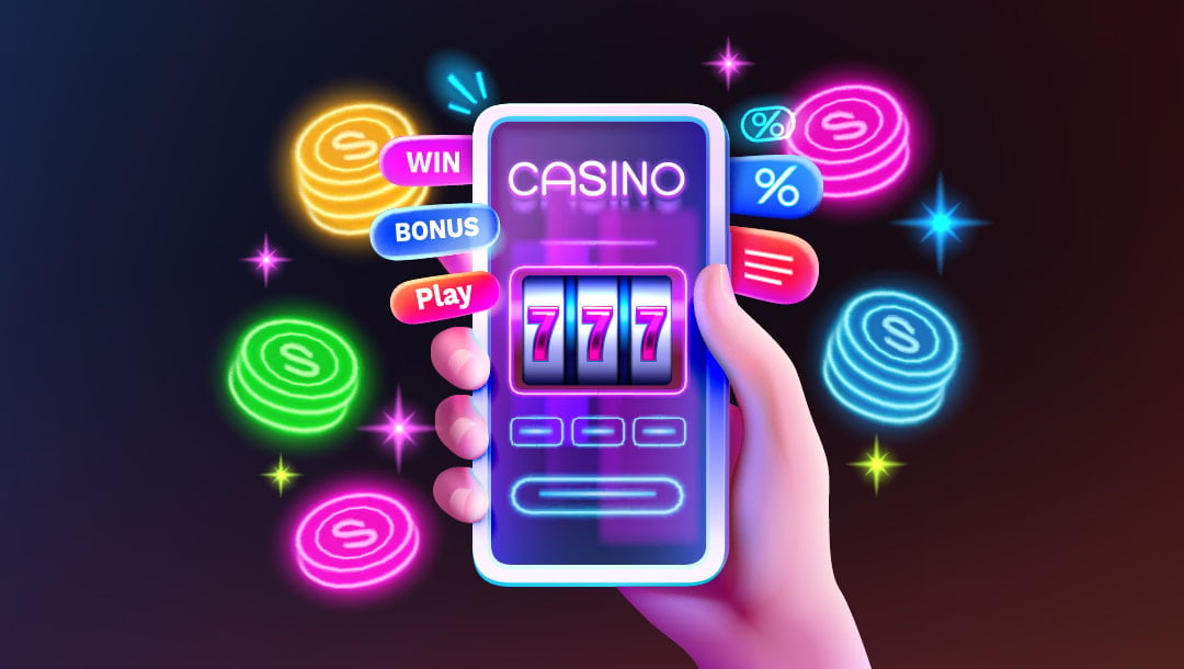 A person holding a mobile phone with an online casino open on the screen, with neon coins in the background.