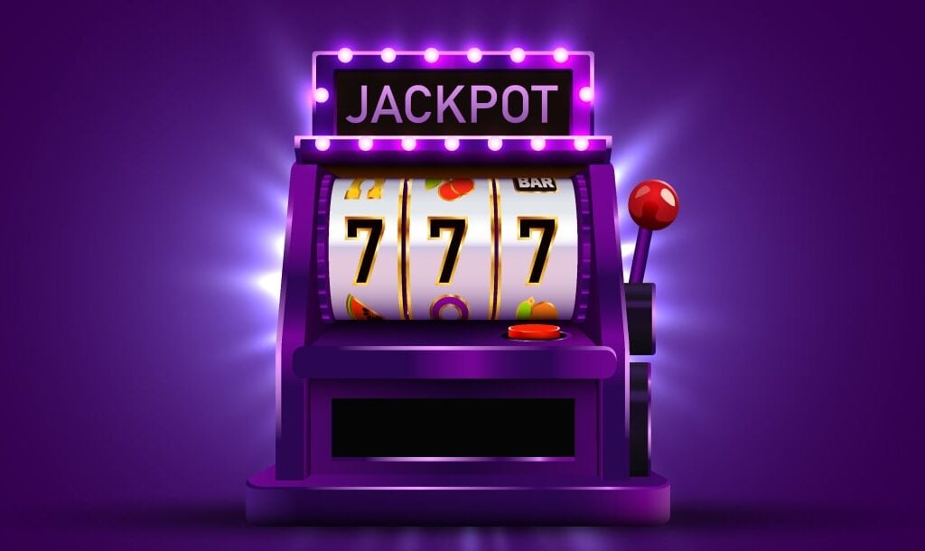 A vector image of a purple jackpot slot machine with a triple seven on the screen, on a purple background.