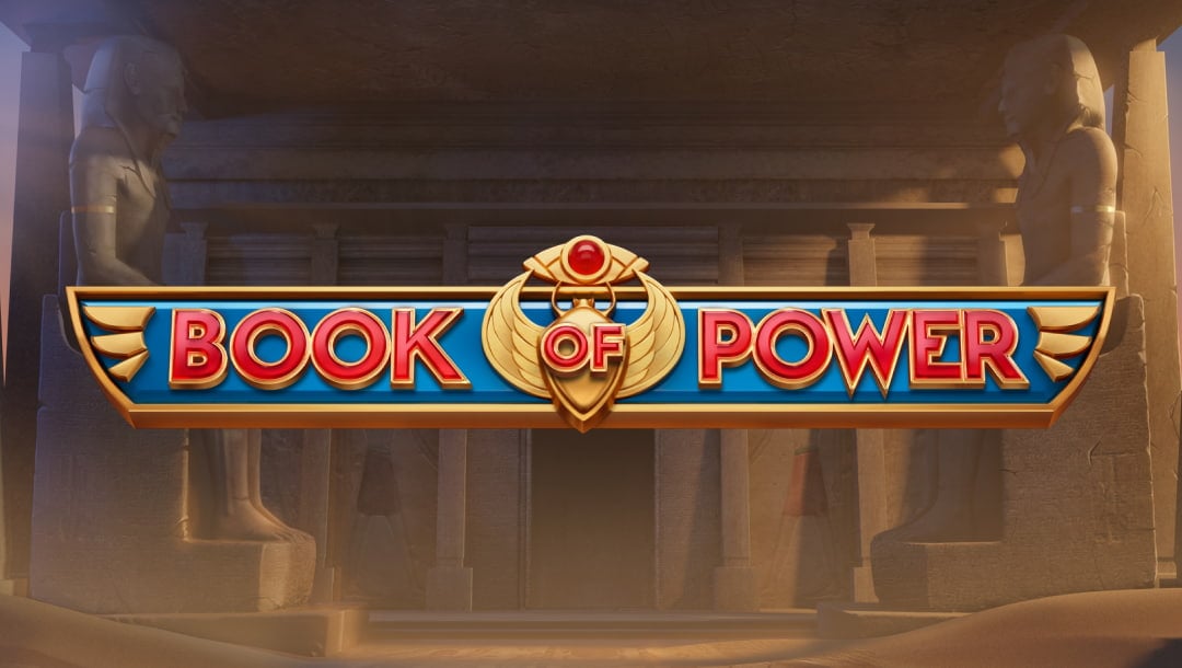 Loading screen of the Book of Power online slot game featuring the game logo and an Egyptian temple in the background.