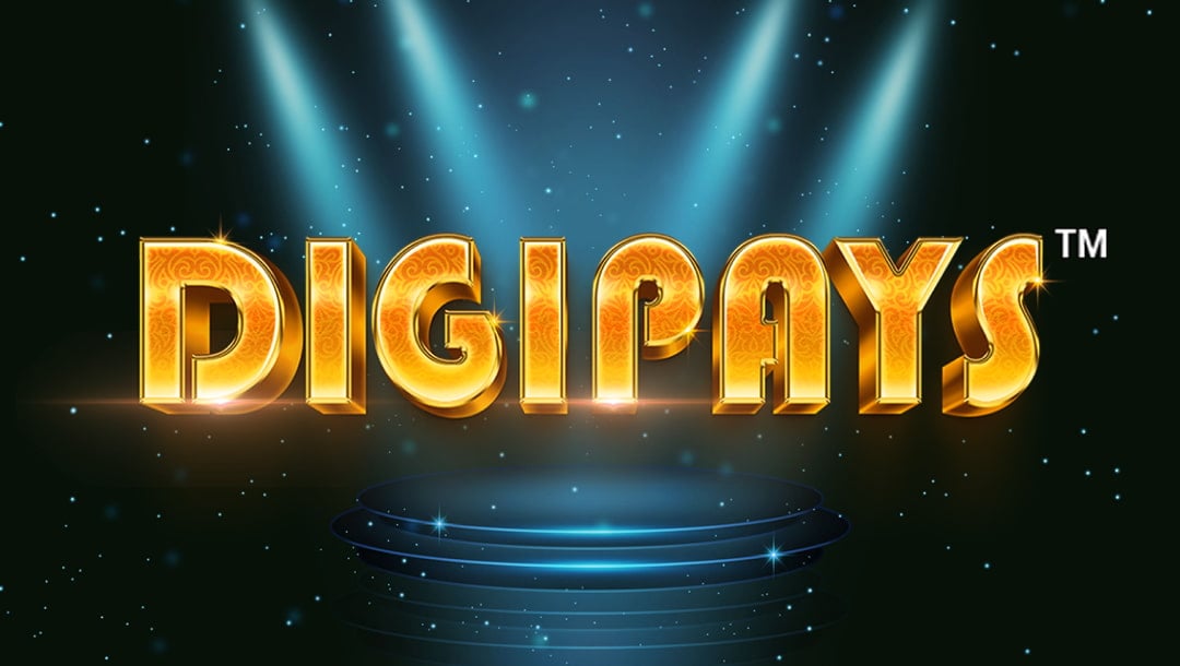 The title screen for the Digipays slot game. The game logo appears in golden letters with subtle swirling designs on them. On the dark background, there’s a small round stage lit by spotlights and small specs of light.