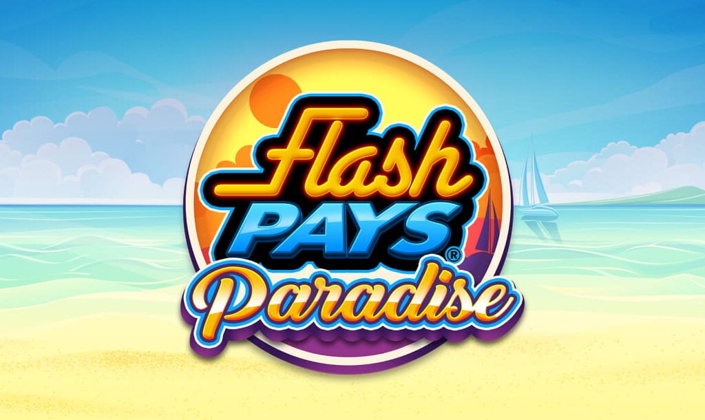 The loading screen of the Flash Pays Paradise online slot game featuring the game logo and a beach with the ocean and a small sailing yacht in the background.