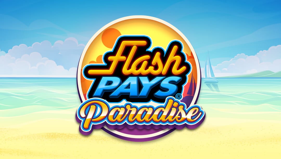 The loading screen of the Flash Pays Paradise online slot game featuring the game logo and a beach with the ocean and a small sailing yacht in the background.