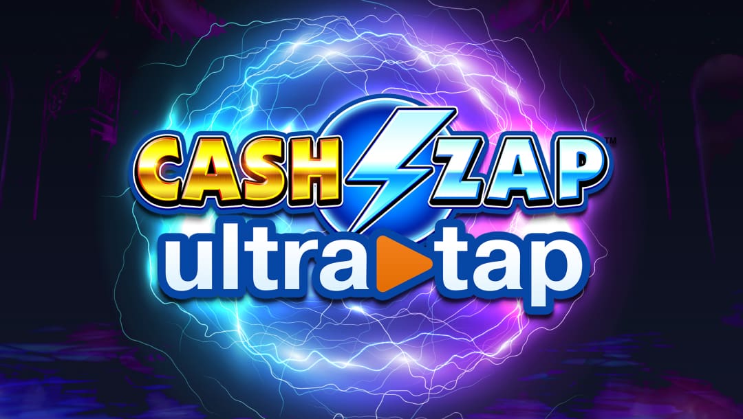 The title screen for Cash Zap UltraTap. The game logo appears in front of a glowing ball of electricity, depicted as blue and purple lines. The background is a very dark room with barely any detail visible.