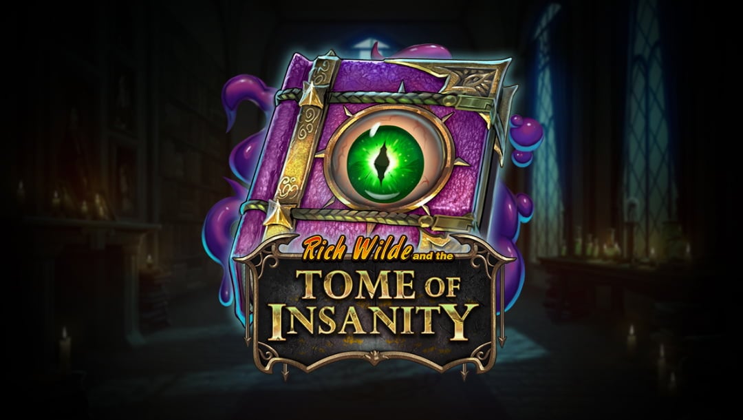 The title screen for Riche Wilde and the Tome of Insanity. The game title appears on a gothic-style sign in front of a book with a big green eye on it, purple binding, and gold details. The book is surrounded by purple slime. In the background, there is a dark, candle-lit room.