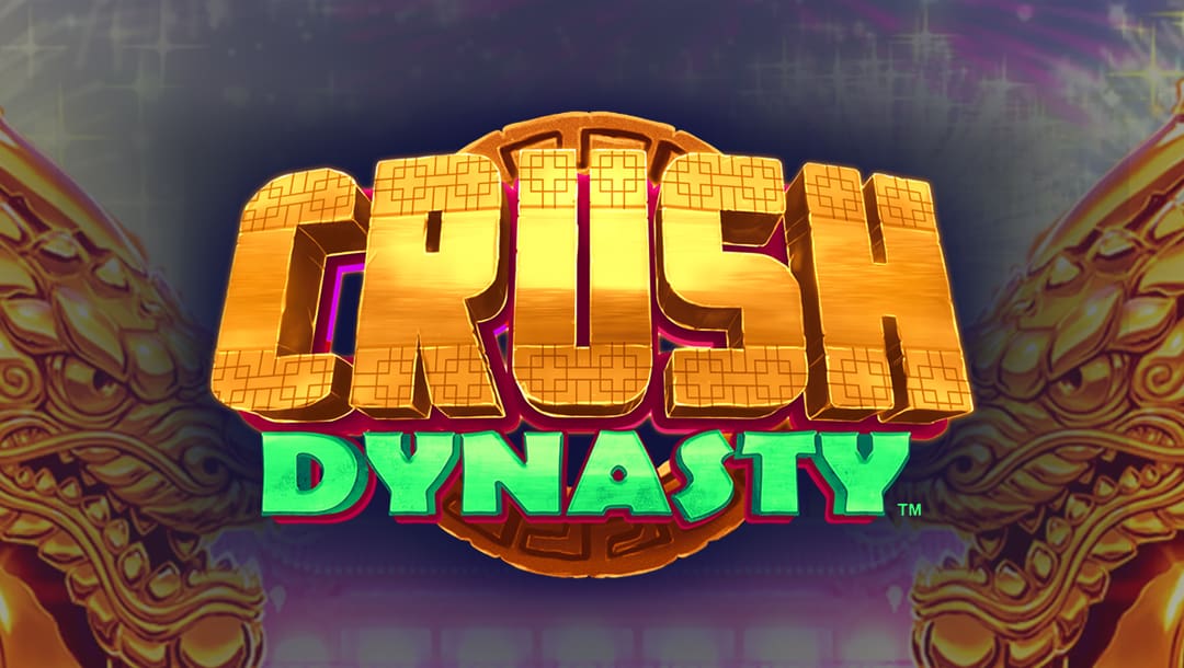 The title screen for the Crush Dynasty slot game, featuring bold, golden letters spelling “Crush” with a patterned design on each letter. The word “Dynasty” appears in a vibrant green. There are side views of two golden dragon head statues in the background.