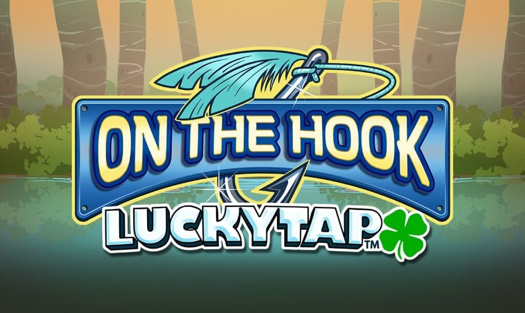 The On The Hook LuckyTap online slot game loading screen, featuring the game logo with a lake and trees in the background.