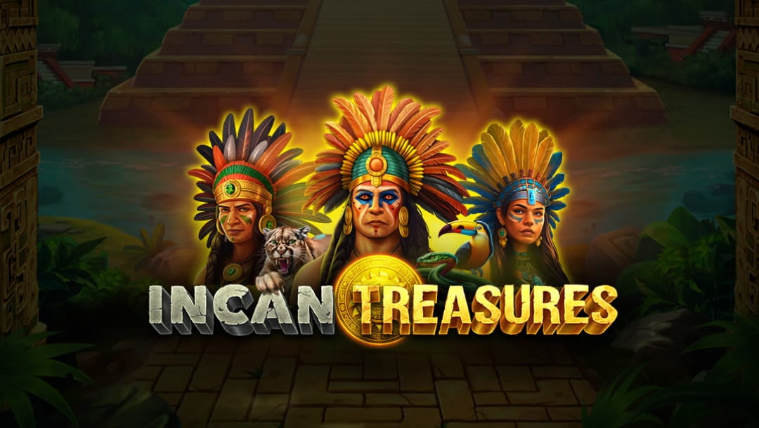 The Incan Treasures title screen. The background is the base of an Incan temple surrounded by water, rocks, and lush jungle plants. A stone road leads away from the temple. In the foreground is the Incan high priest, the Incan prince, the Incan princess, as well as a puma, snake, toucan, gold coin, and the words “Incan Treasures”.