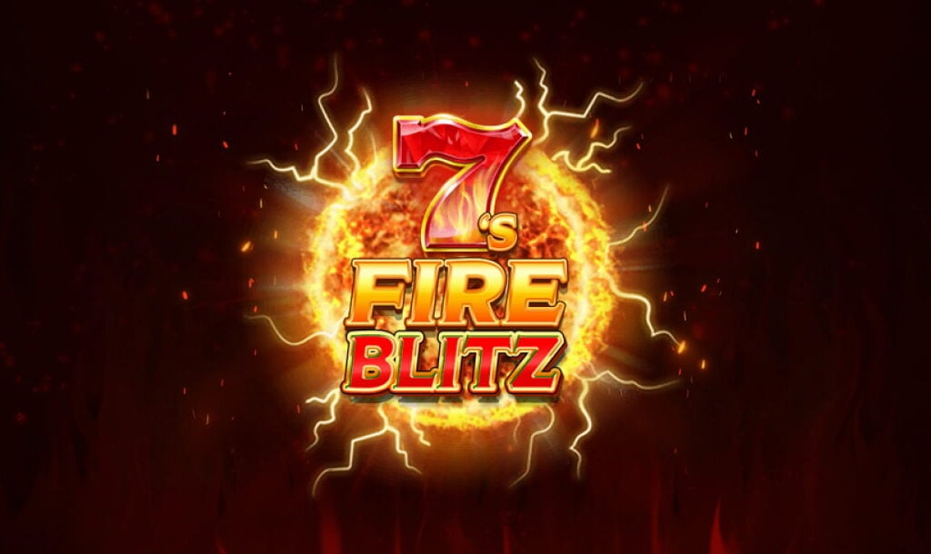 The title screen for 7’s Fire Blitz. The game title appears on a burning ball of fire with embers surrounding it. The logo stands out against the dark background with a slight red hue to it.