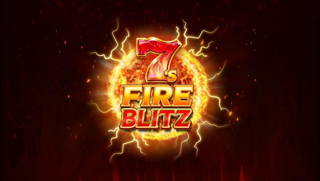 The title screen for 7’s Fire Blitz. The game title appears on a burning ball of fire with embers surrounding it. The logo stands out against the dark background with a slight red hue to it.