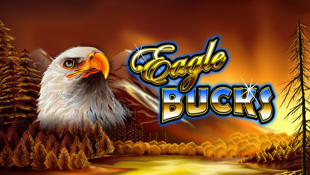 The loading screen of the Eagle Bucks online slot game featuring the game logo with an eagle’s face and a forest with mountains in the background.