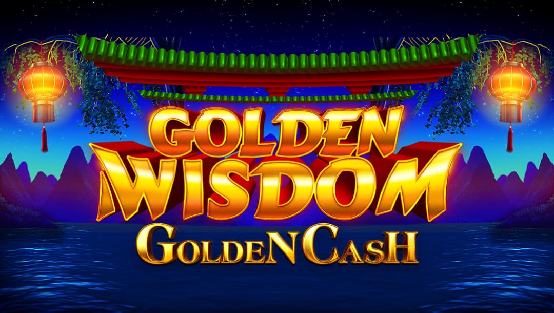 The title screen for the Golden Wisdom slot game. The game logo appears on a background of a river at night with mountains in the distance. Two lanterns hang on the left and right sides of a roof, which appears in the foreground.