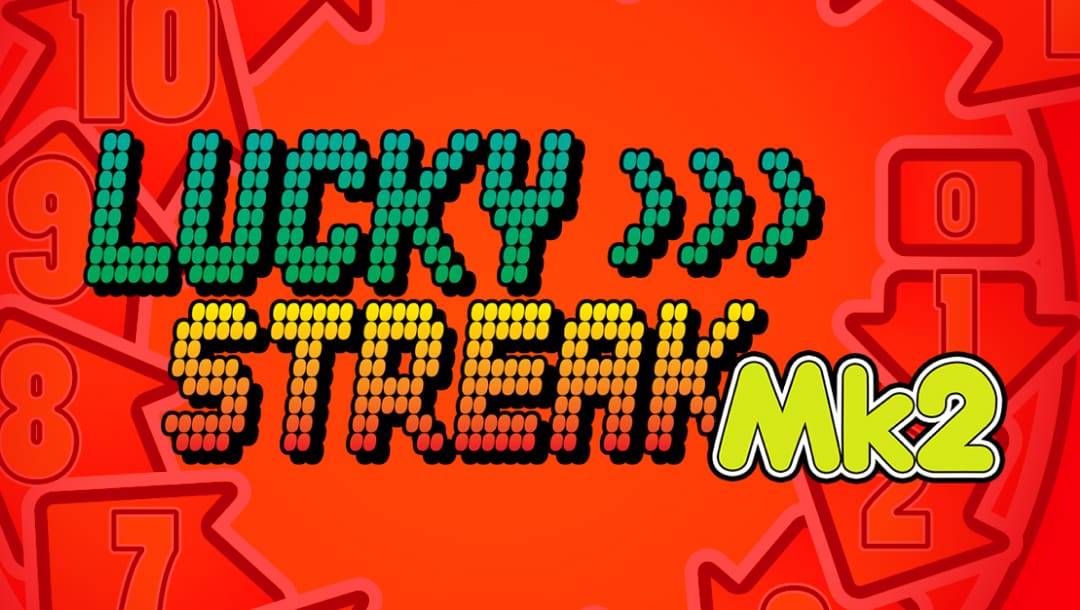 The title screen for the Lucky Streak MK 2 slot game. The retro-inspired design features the game title written out in dotted letters. The background is a bright red-orange color with various arrows arranged in a circle around the border. These arrows also have numbers in them.