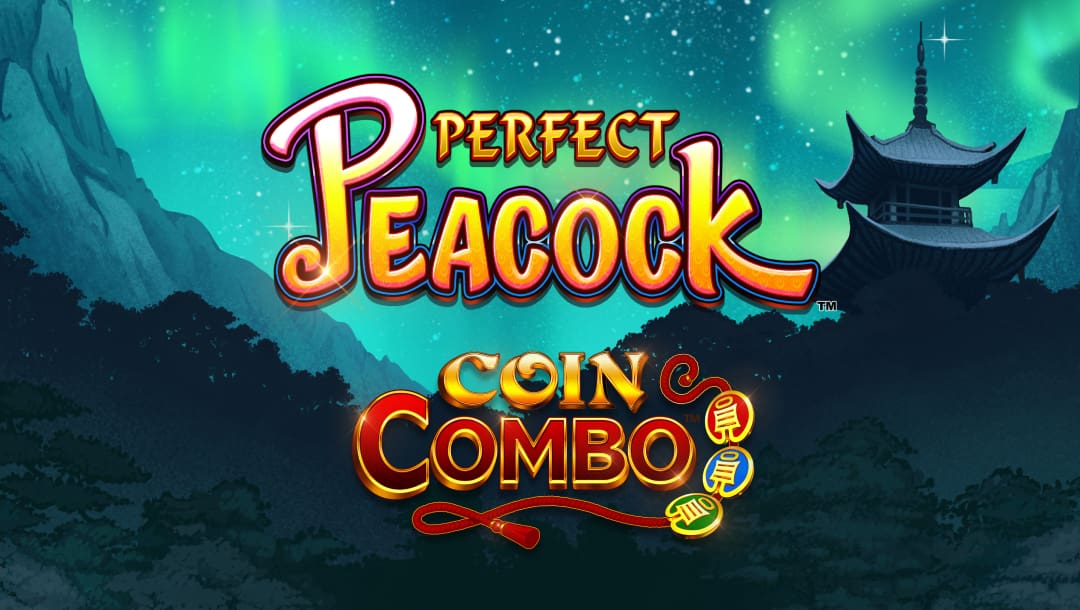 The title screen for the Coin Combo Perfect Peacock slot game, featuring a shining gold and bright red logo against a nighttime landscape. The background shows tall mountain peaks, a traditional Chinese pagoda with an upturned roof, and a starry sky illuminated by glowing blue lights.