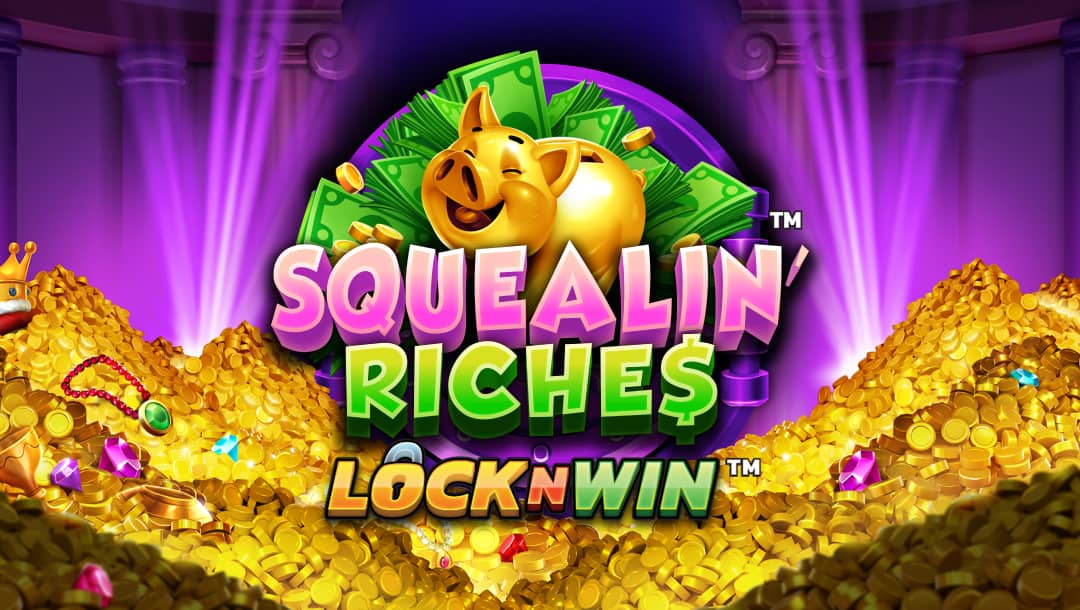 The title screen for the Squealin Riches slot game. The game logo, which consists of a golden piggy bank, coins, and stacks of cash behind the game logo appears in front of a giant purple vault filled with huge piles of gold coins, gems, and jewelry.