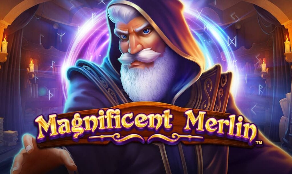 The title screen for Magnificent Merlin. The game’s title character stands behind the logo in a room filled with books and candles. Behind him, there is a glowing circle with various symbols surrounding it.