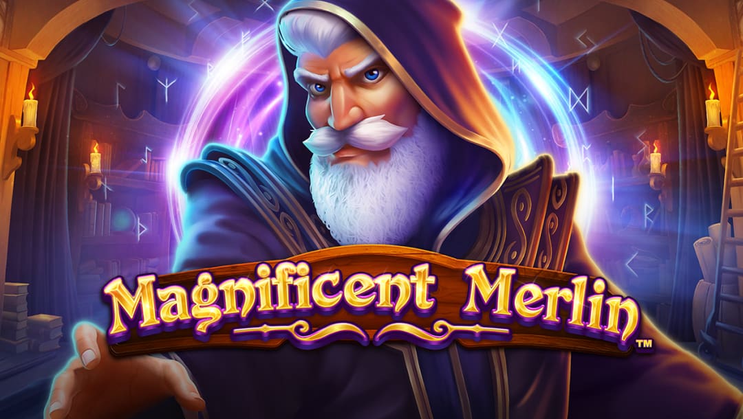 The title screen for Magnificent Merlin. The game’s title character stands behind the logo in a room filled with books and candles. Behind him, there is a glowing circle with various symbols surrounding it.