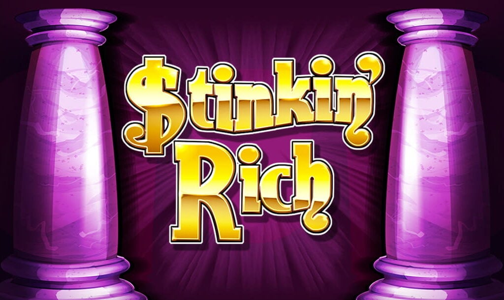 The title screen for Stinkin’ Rich. The game title, spelled out in bold golden letters appears on a purple background with a marble pillar on either side.