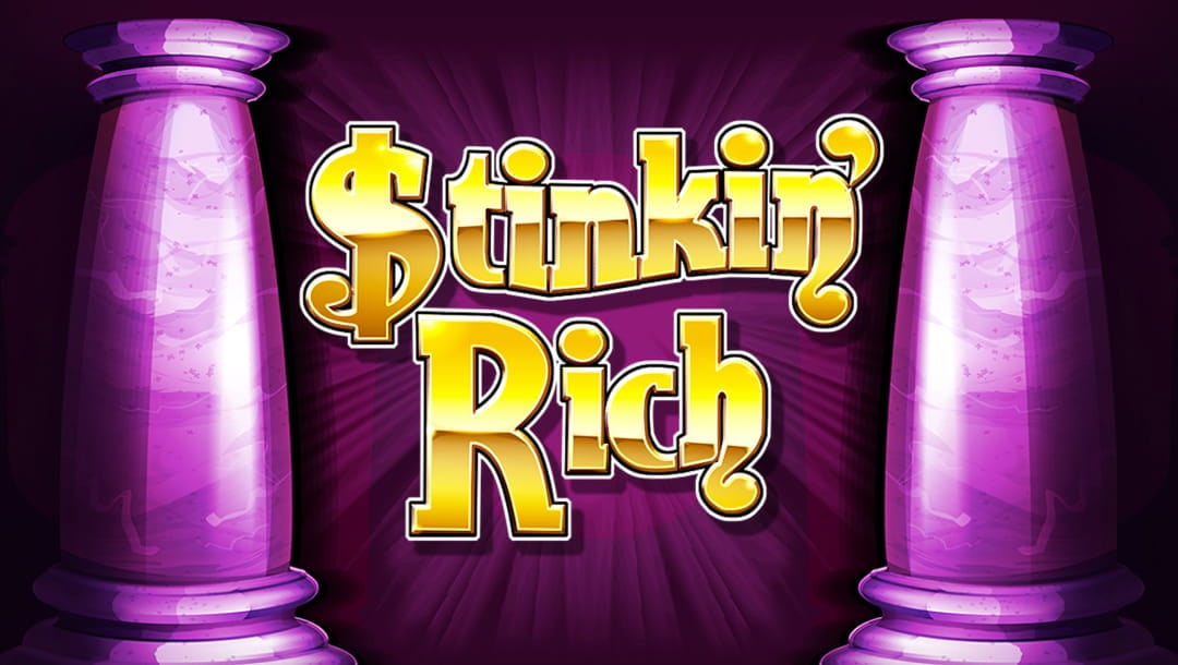 The title screen for Stinkin’ Rich. The game title, spelled out in bold golden letters appears on a purple background with a marble pillar on either side.