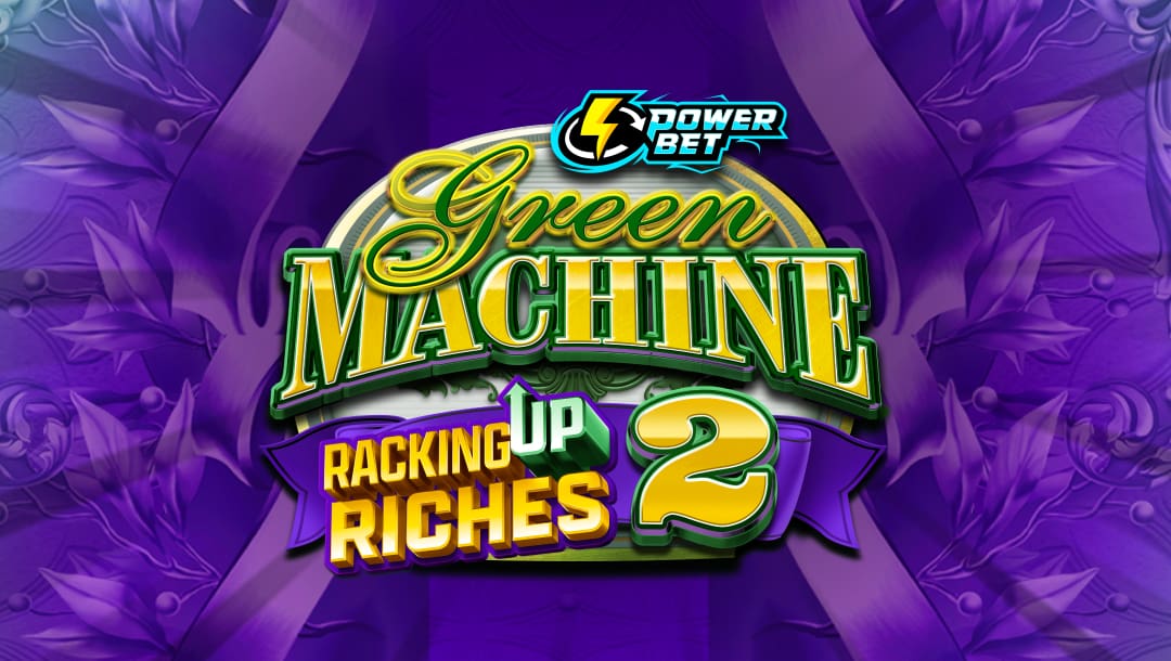 The title screen for Green Machine Racking Up Riches 2. The game logo appears on a dark blue background with two ribbons on either side of it. Small clusters of leaves surround it.