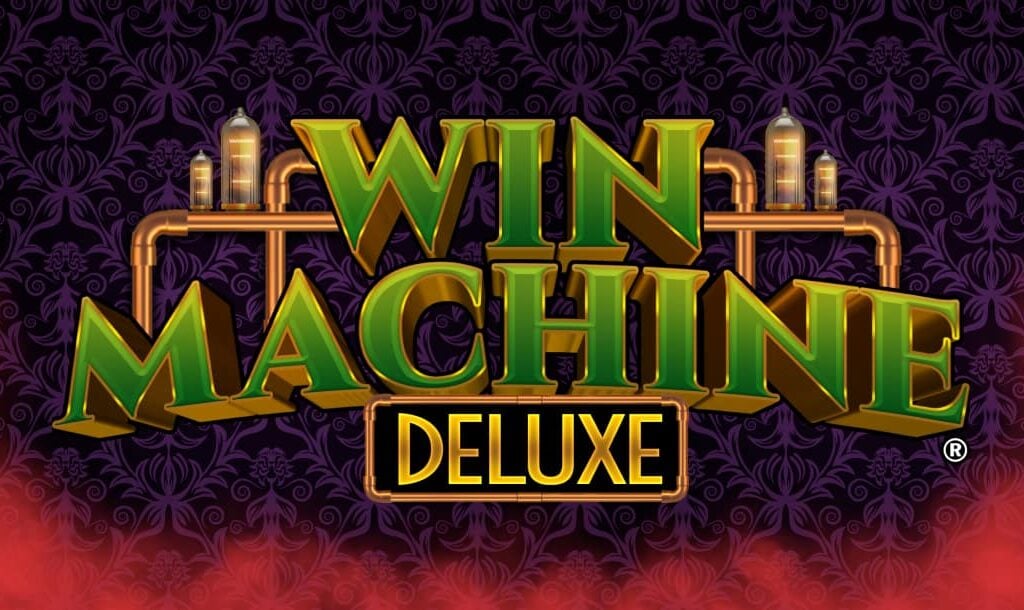 The loading screen of the Win Machine Deluxe online slot game featuring the game logo on a purple-patterned background.