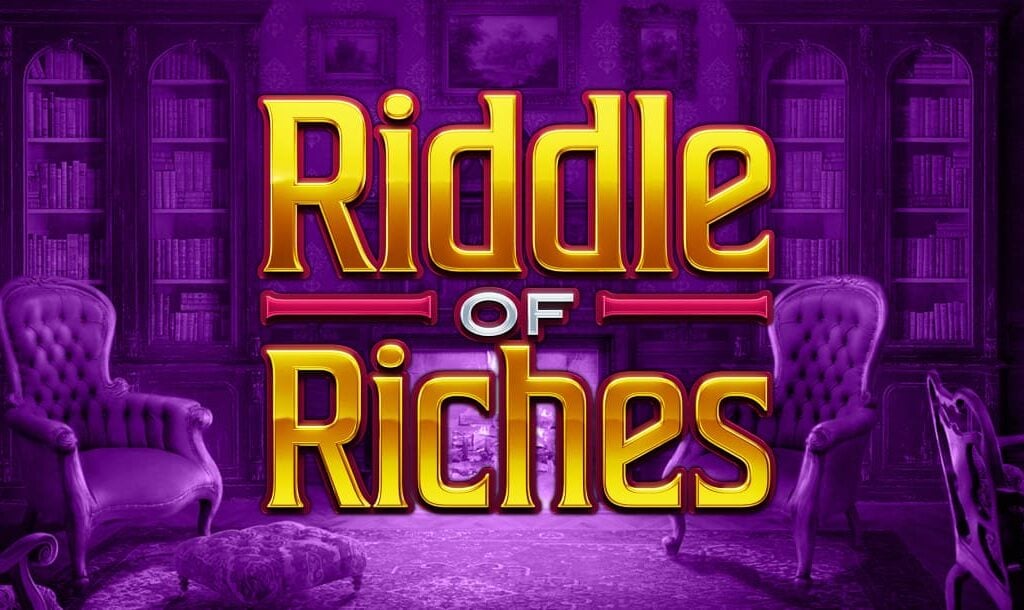 The title screen for Riddle of Riches. The game title, written in gold letters, stands out against the background of a purple-hued room with bookshelves lining the walls, a fireplace, and comfortable chairs.