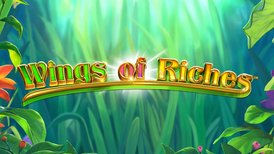 The Wings of Riches online slot game loading screen, featuring the game logo, with small orange and purple flowers in the bottom left and right corners, respectively, and tall grass blades in the background.