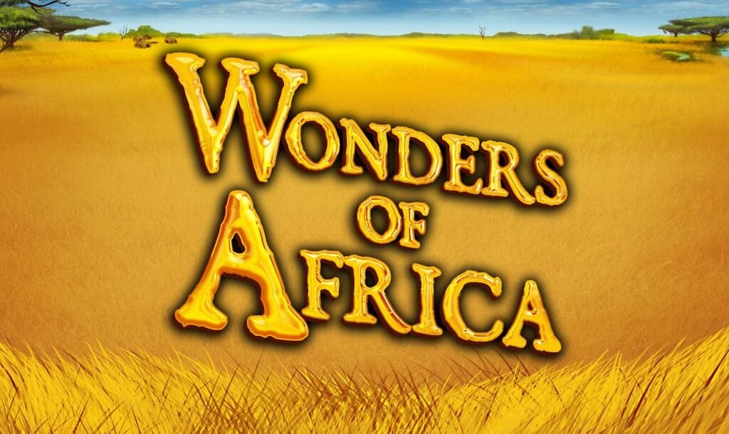 The loading screen of the Wonders of Africa online slot game featuring the game logo with a savannah in the background.