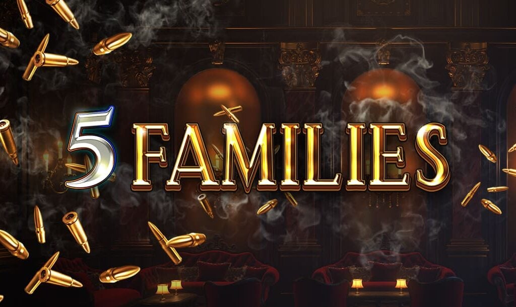 The loading screen of the 5 Families online slot game featuring the game logo with bullets, smoke, and a lounge in the background.