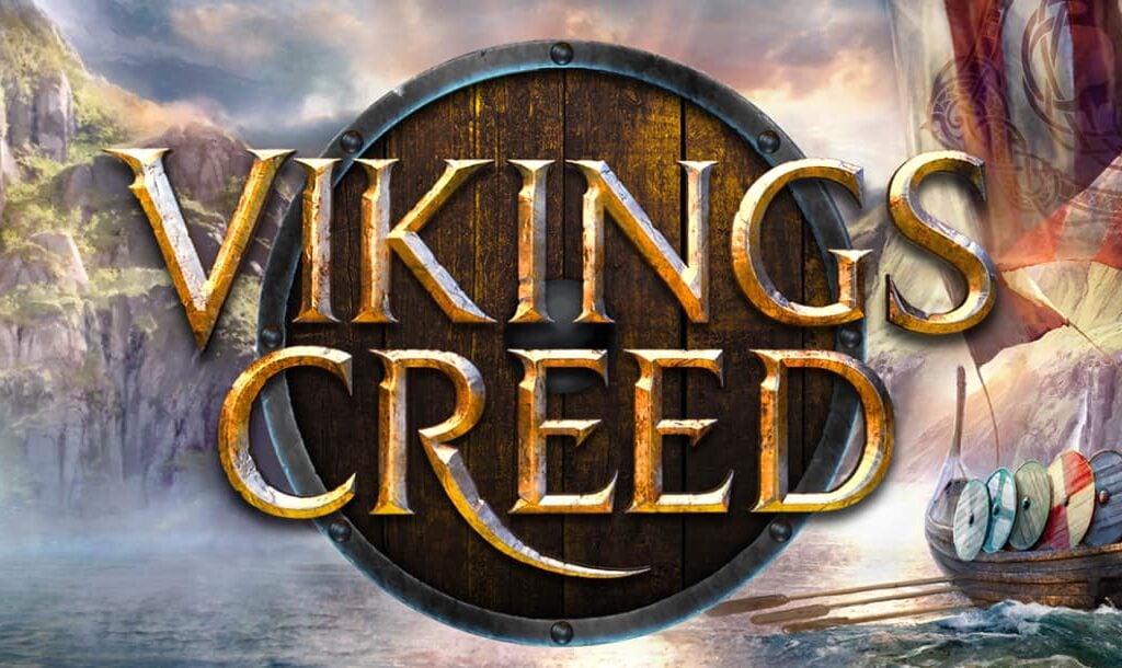 The Vikings Creed online slot game loading screen featuring the game logo, with a Viking boat and a mountain scape in the background.