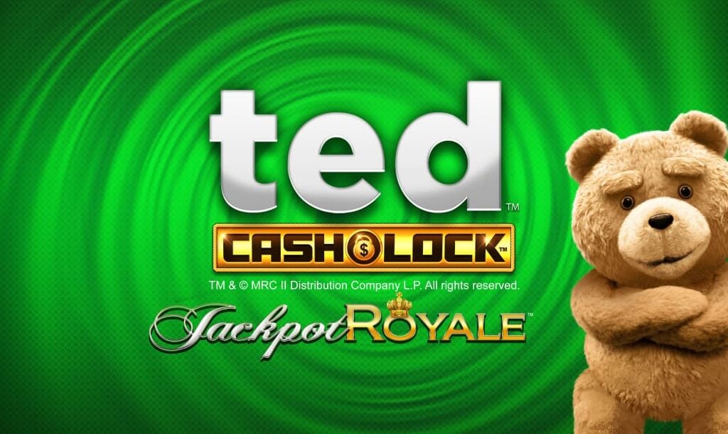 The Ted Cashlock Jackpot Royale online slot game loading screen featuring Ted from the movie Ted, and a green swirl in the background.