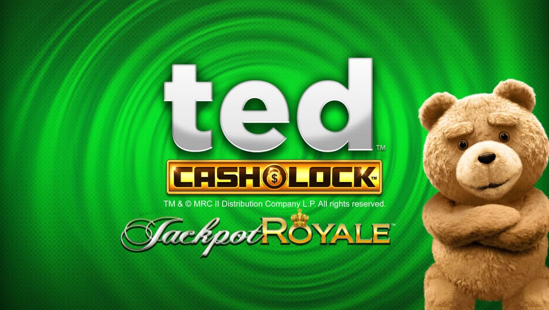 The Ted Cashlock Jackpot Royale online slot game loading screen featuring Ted from the movie Ted, and a green swirl in the background.