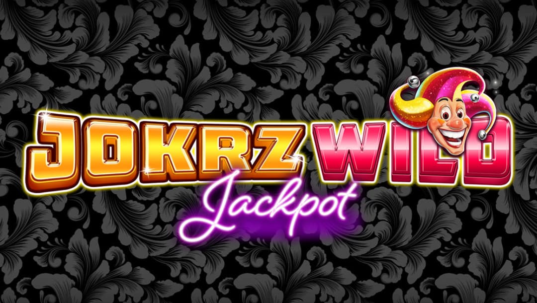 The Jokrz Wild Jackpot online slot game loading screen featuring the game logo on a black and grey floral background.