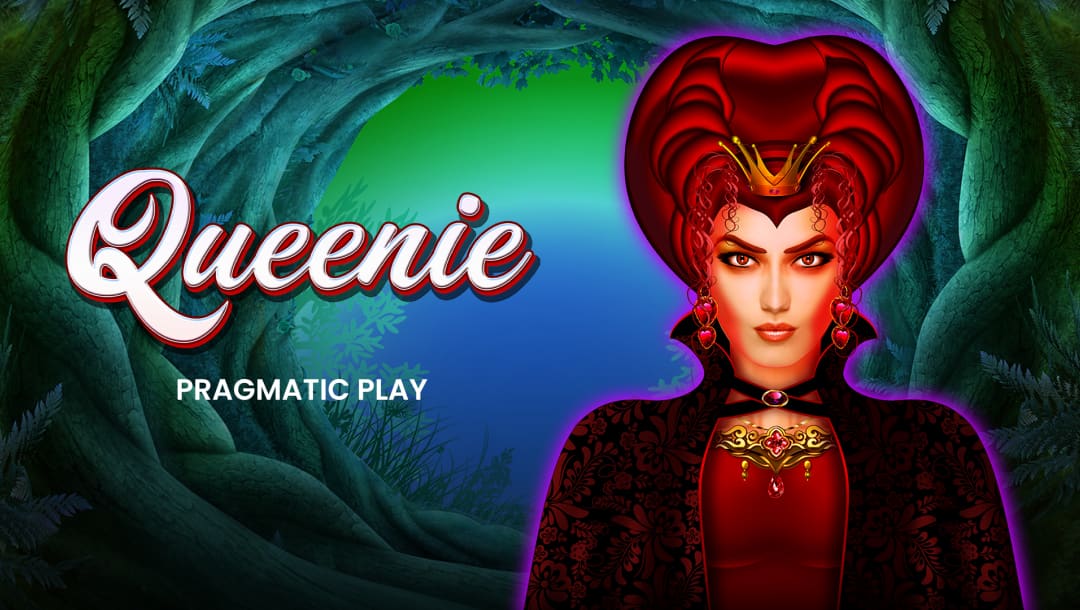 The Queenie online slot game loading screen featuring the game title and the Queen of Hearts from Alice in Wonderland.