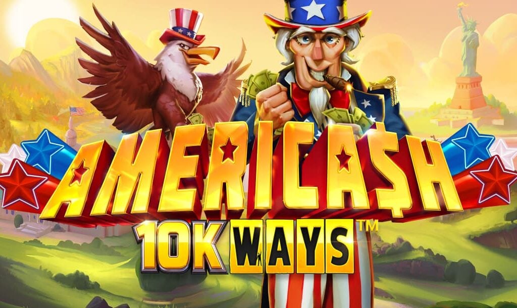 The title page for the America$h 10k Ways Slot Game with a bald eagle and a man dressed up in American regalia.