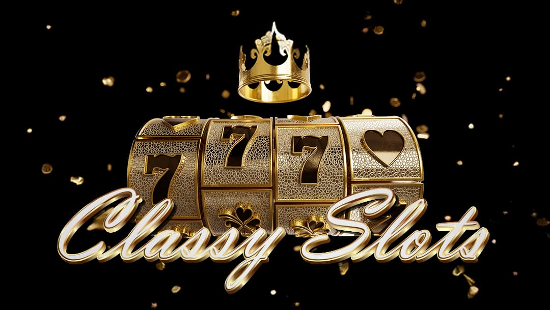 A vector image of a gold slot wheel featuring three sevens and a heart, with a gold crown above the slot wheel, and gold confetti floating on a black background.