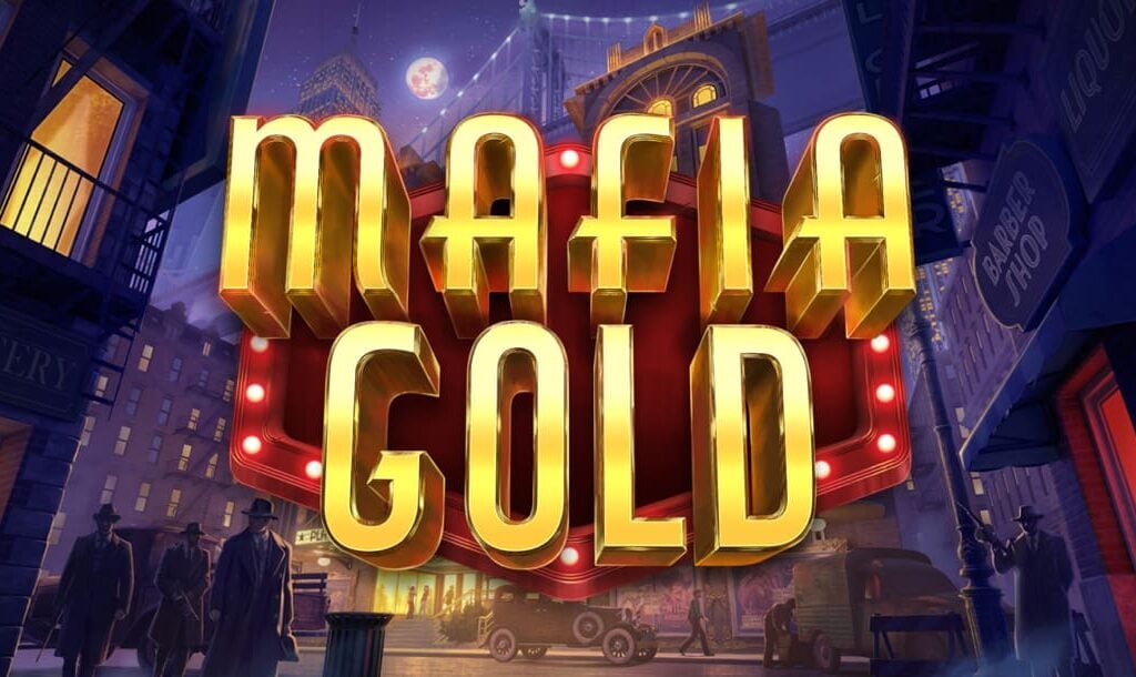 The Mafia Gold online slot game loading screen featuring the game logo with a cityscape in the background.