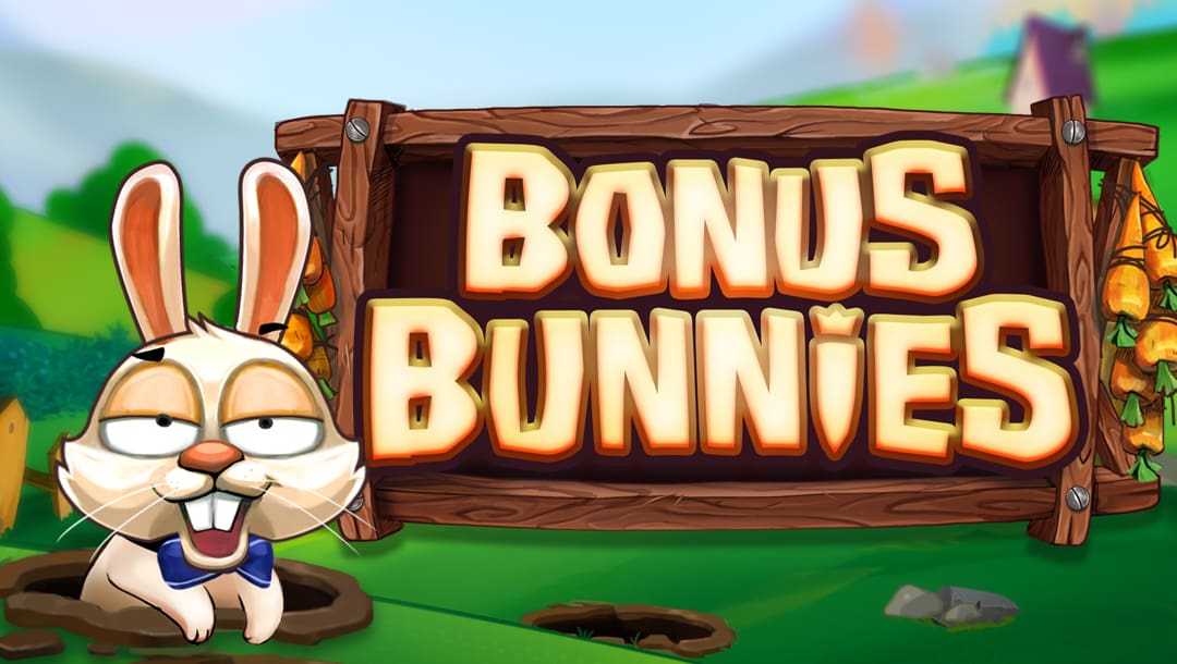 The title screen for the Bonus Bunnies slot game, with a long stretch of grassy hills as the background. The game title appears on a sign made of wood. A cartoon bunny wearing a bow tie is popping out of a hole next to the title.