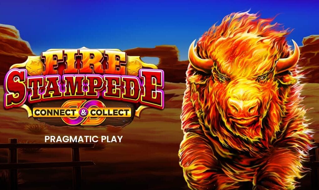 The Fire Stampede online slot game loading screen featuring the game logo and a bison in a desert.