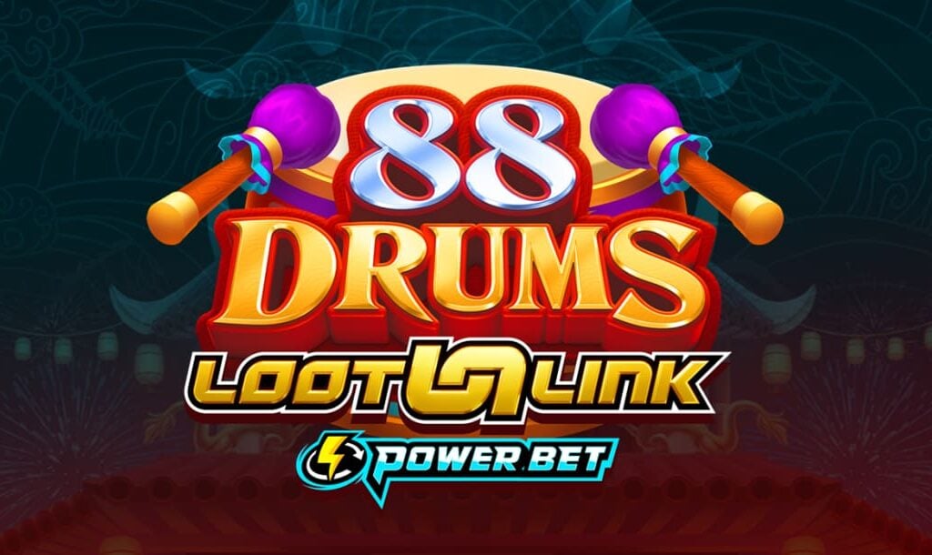 The 88 Drums online slot game loading screen featuring the game logo with an Asian-style roof and fireworks in the background.