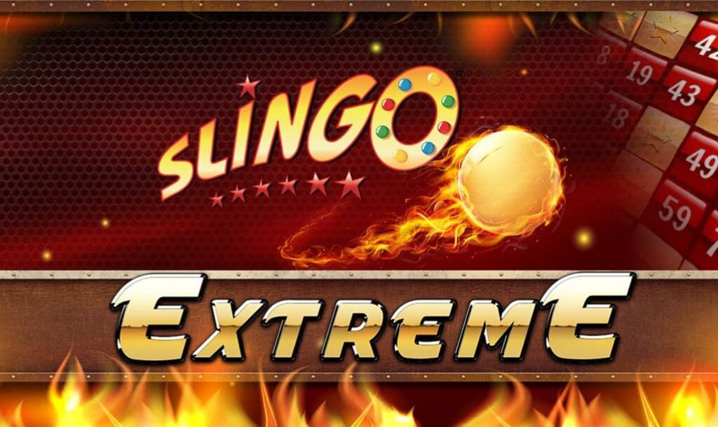 The Slingo Extreme slot game loading screen featuring the Slingo logo and the game title, with flames and the game in the background.