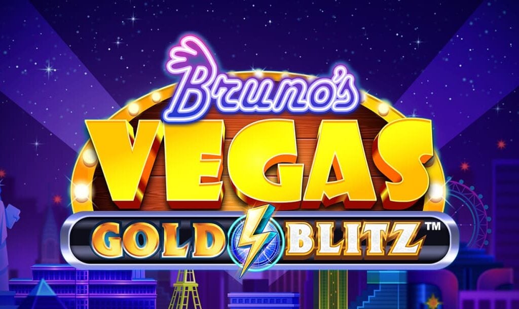 The Bruno's Vegas Gold Blitz online slot game loading screen featuring the game logo and a cityscape in the background.