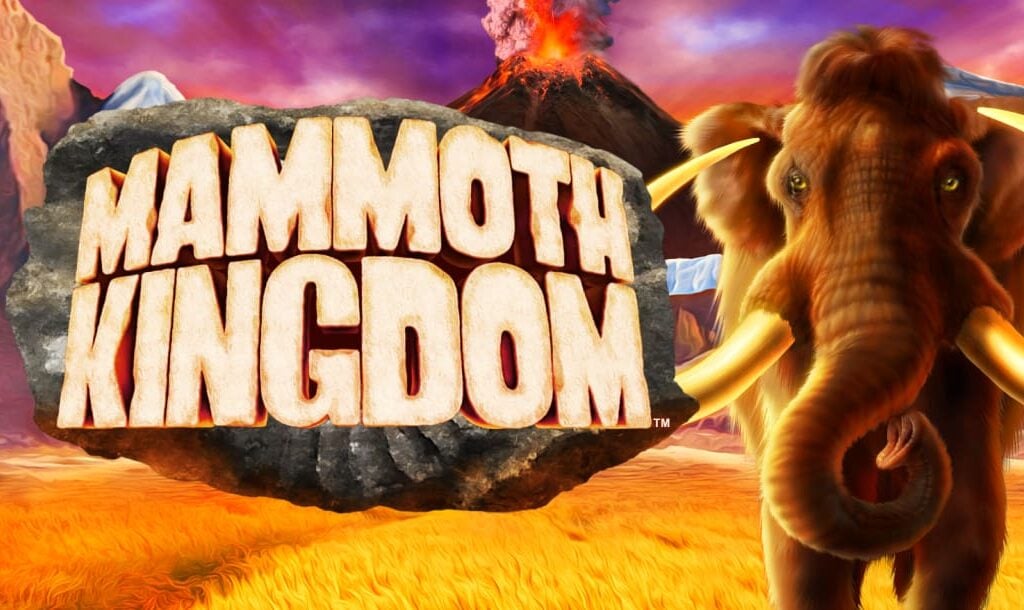 The Mammoth Kingdom online slot game loading screen featuring the game logo, a Wooly Mammoth, and a volcano in the background.